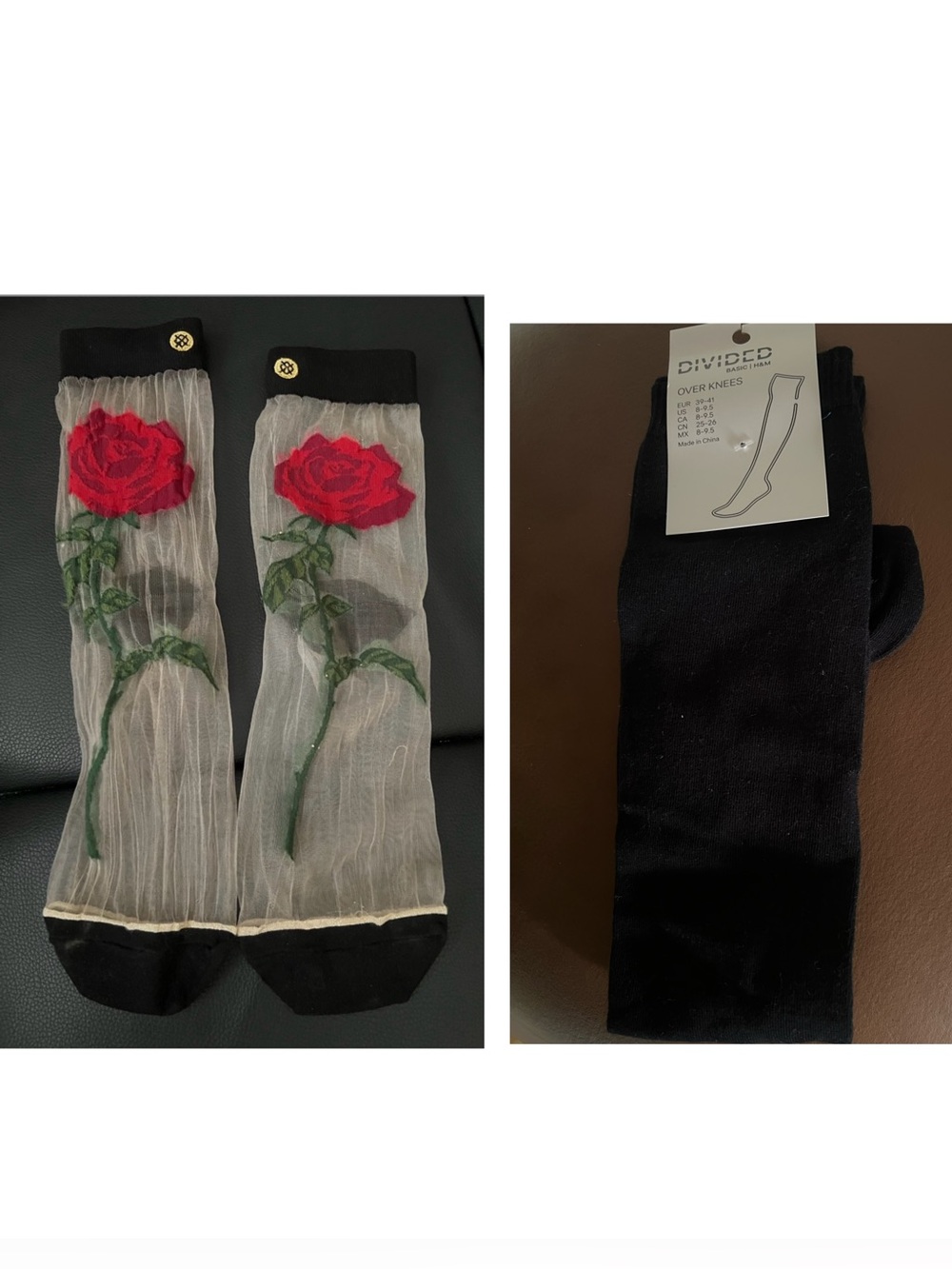 2for 1 price💕New Sheer Mesh tattoo Rose Embroidered Crew Socks -The Red Roe+ H&M